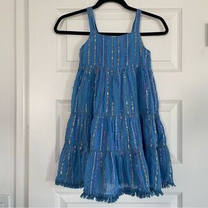 Oliphant Blue and Gold Shimmer Striped Cotton Tiered Tank Dress